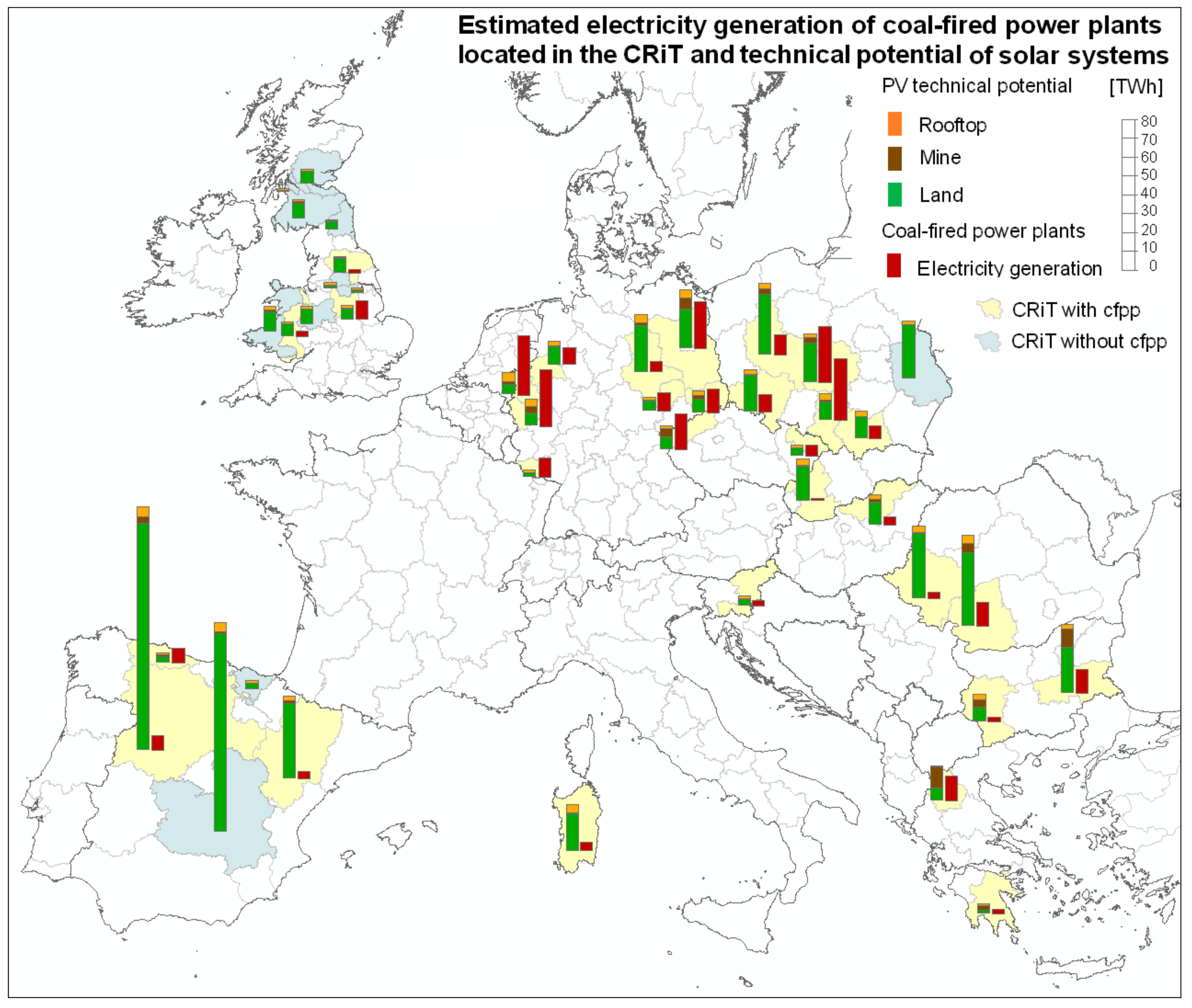 Potencjał energetyczny elektrowni słonecznych i węgla. Źródło: Raport Wspólnego Centrum Badawczego Komisji Europejskiej