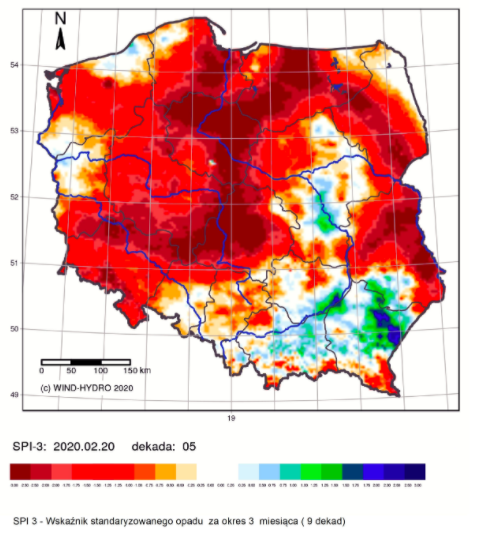 Trzymiesięczna suma opadów w Polsce, luty 2020, źródło: raport stop suszy 2020., stopsuszy.pl