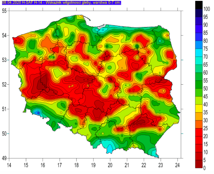 Wskaźnik wilgotności gleb, warstwa 0-7 cm, źródło: http://stopsuszy.imgw.pl/wilgotnosc.