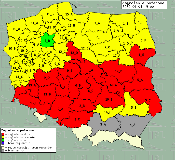Mapa zagrożenia pożarowego na 9.04.2020, źródło: http://bazapozarow.ibles.pl/zagrozenie.