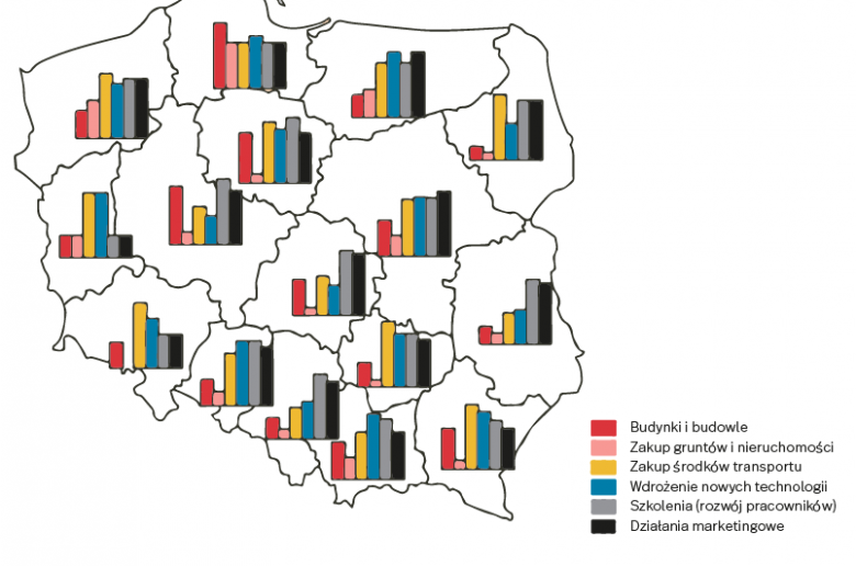 Rodzaje inwestycji przedsiębiorstw z podziałem na województwa, źródło: Polski Instytut Ekonomiczny
