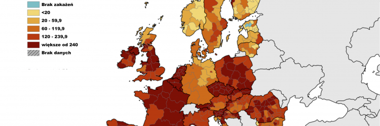 Mapa zakażeń Covid-19 w regionach Europy. Źródło: Europejskie Centrum ds. Zapobiegania i Kontroli Chorób