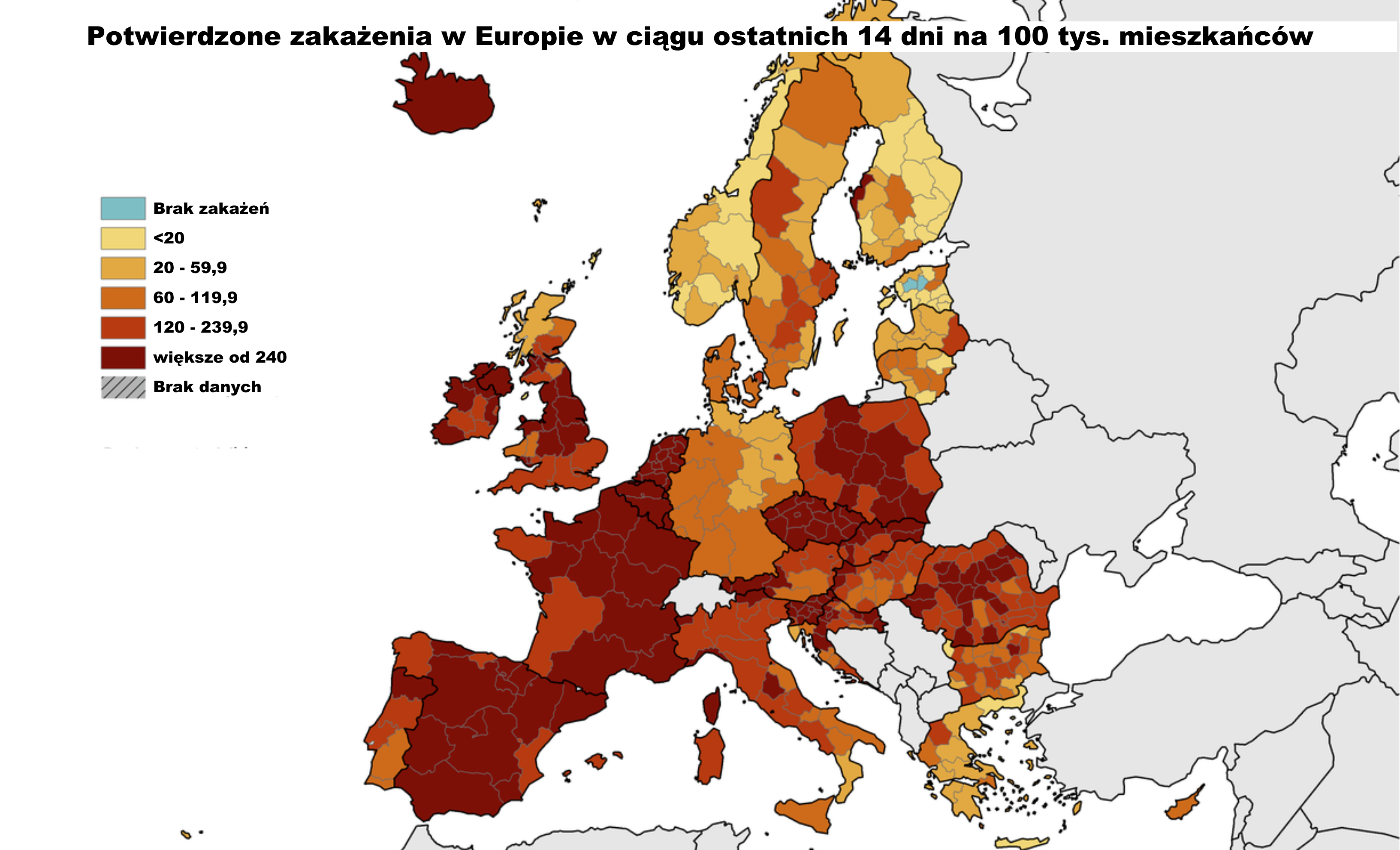 Mapa zakażeń Covid-19 w regionach Europy. Źródło: Europejskie Centrum ds. Zapobiegania i Kontroli Chorób