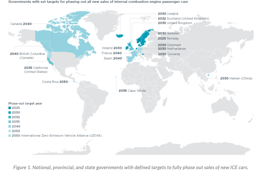 Mapa świata, zakaz sprzedaży aut spalinowych, źródło: The International Council on Clean Transportation. 