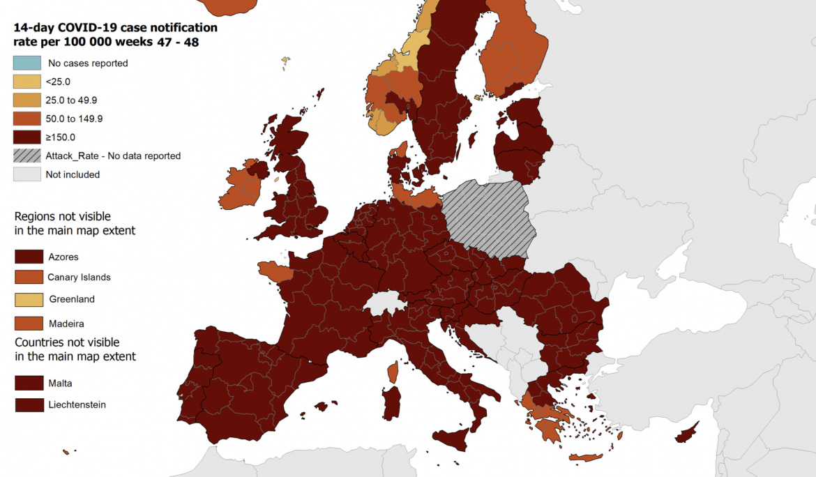 Potwierdzone zakażenia Covid-19 na każde 100 tys. mieszkańców w ciągu ostatnich 2 tygodni w krajach europejskich - stan na 3 grudnia.
