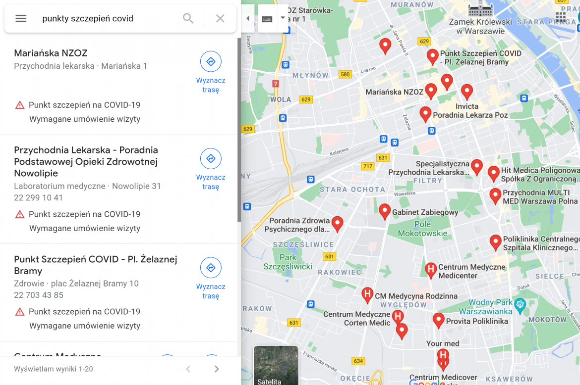 Punkty szczepień w Mapach Google, fot. materiały własne Punkty szczepień w Mapach Google, fot. materiały własne