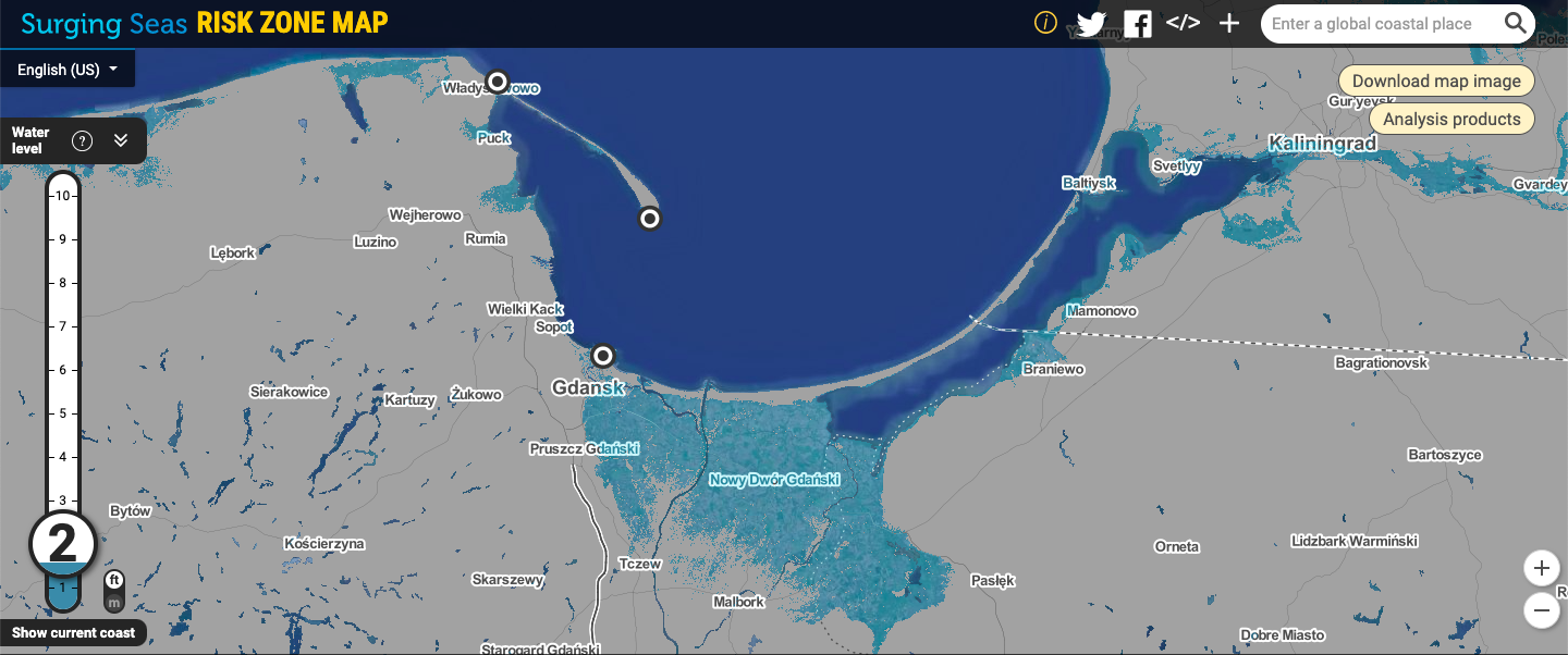 Surging Seas: Risk Zone Map, wzrost poziomu wód na świecie, fot. climate central.org