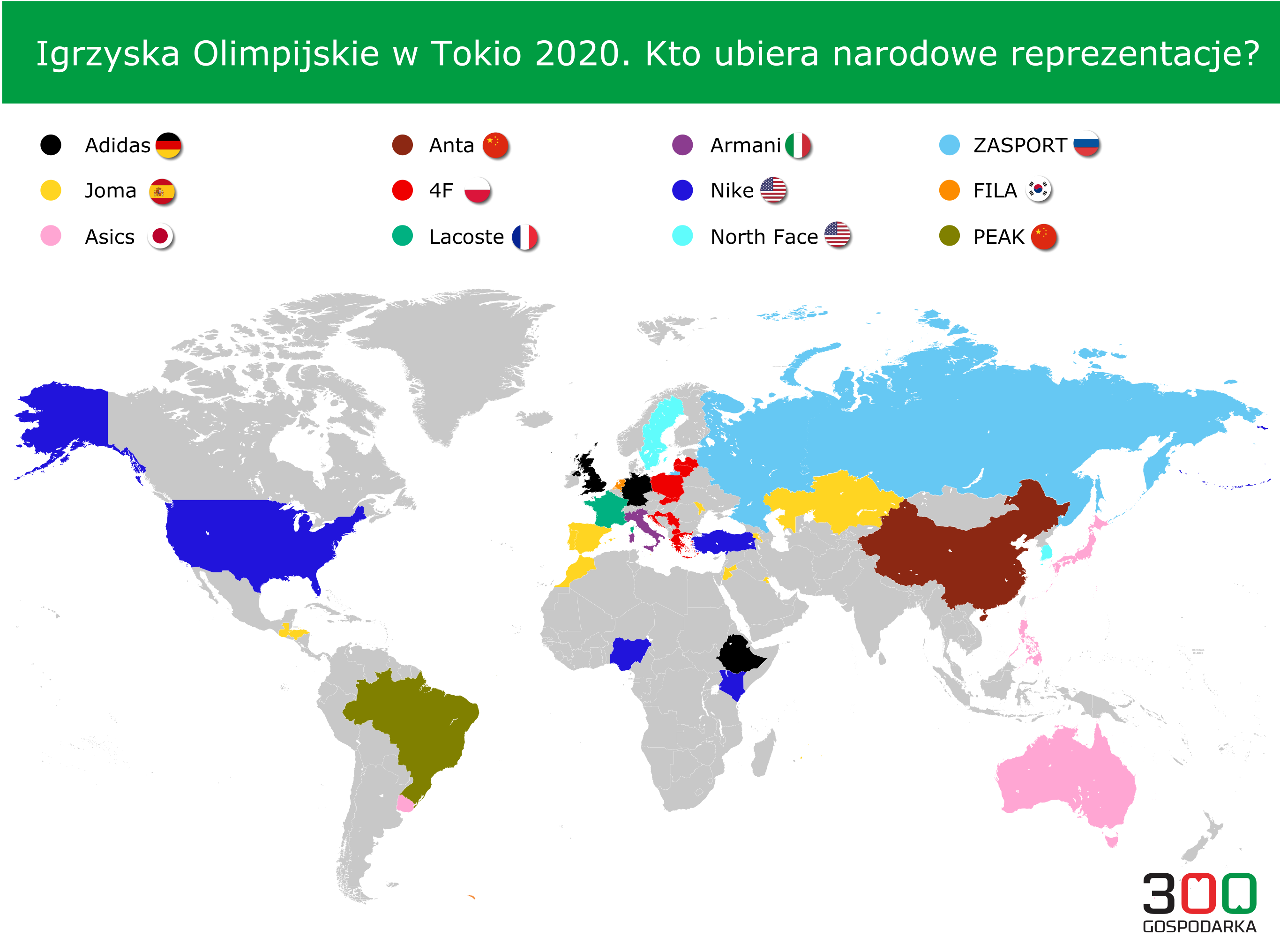 Mapa firm odzieżowych będących oficjalnymi partnerami narodowych komitetów olimpijskich. Autor: Adrian Cibicki, 300Gospodarka