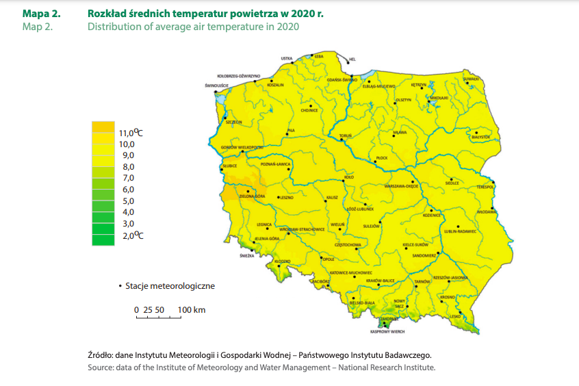 Średnioroczne temperatury w Polsce 2020, źródło: GUS.