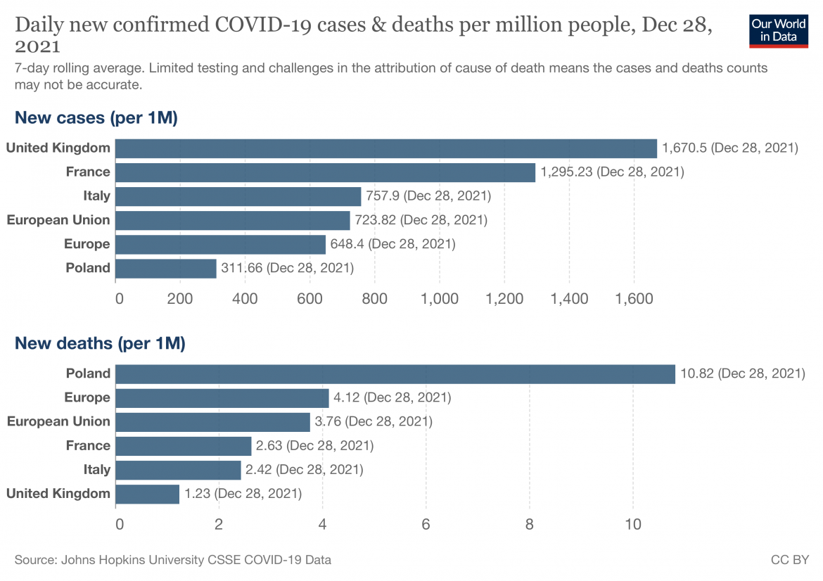 Nowe przypadki i liczba zgonów, źródło Our World in Data