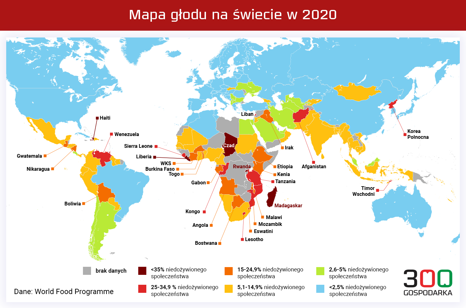 Mapa głodu na świecie, dane 2020 rok