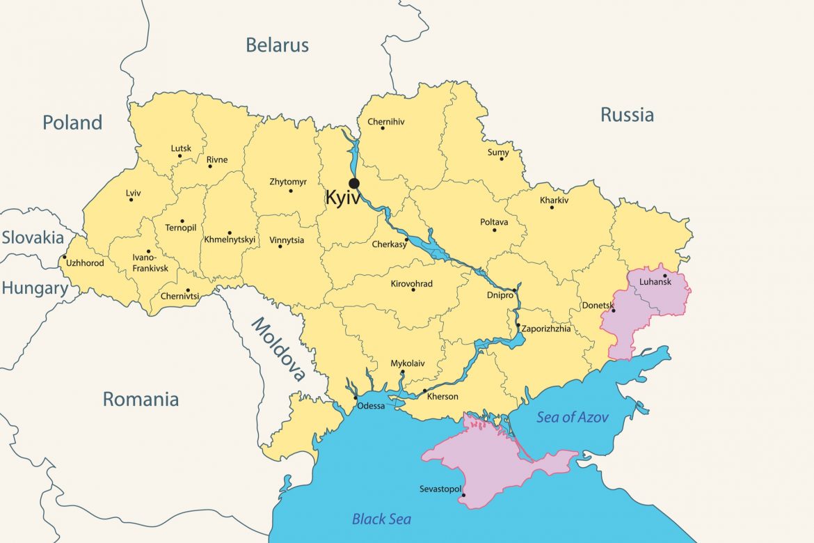 Mapa Ukrainy - na fioletowo zaznaczono okupowane przez Rosję i prorosyjskich separatystów tereny. fot. Shutterstock