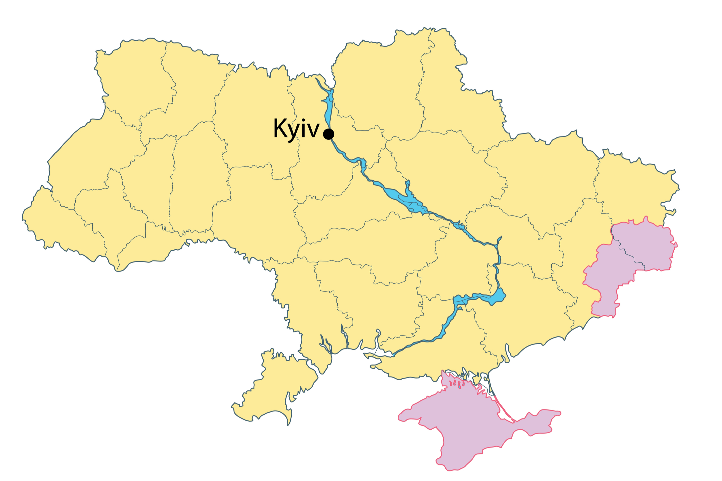 Mapa Ukraina z zaznaczonymi terenami w Donbasie i Krymie, które są kontrolowane przez Rosję i jej zwolenników