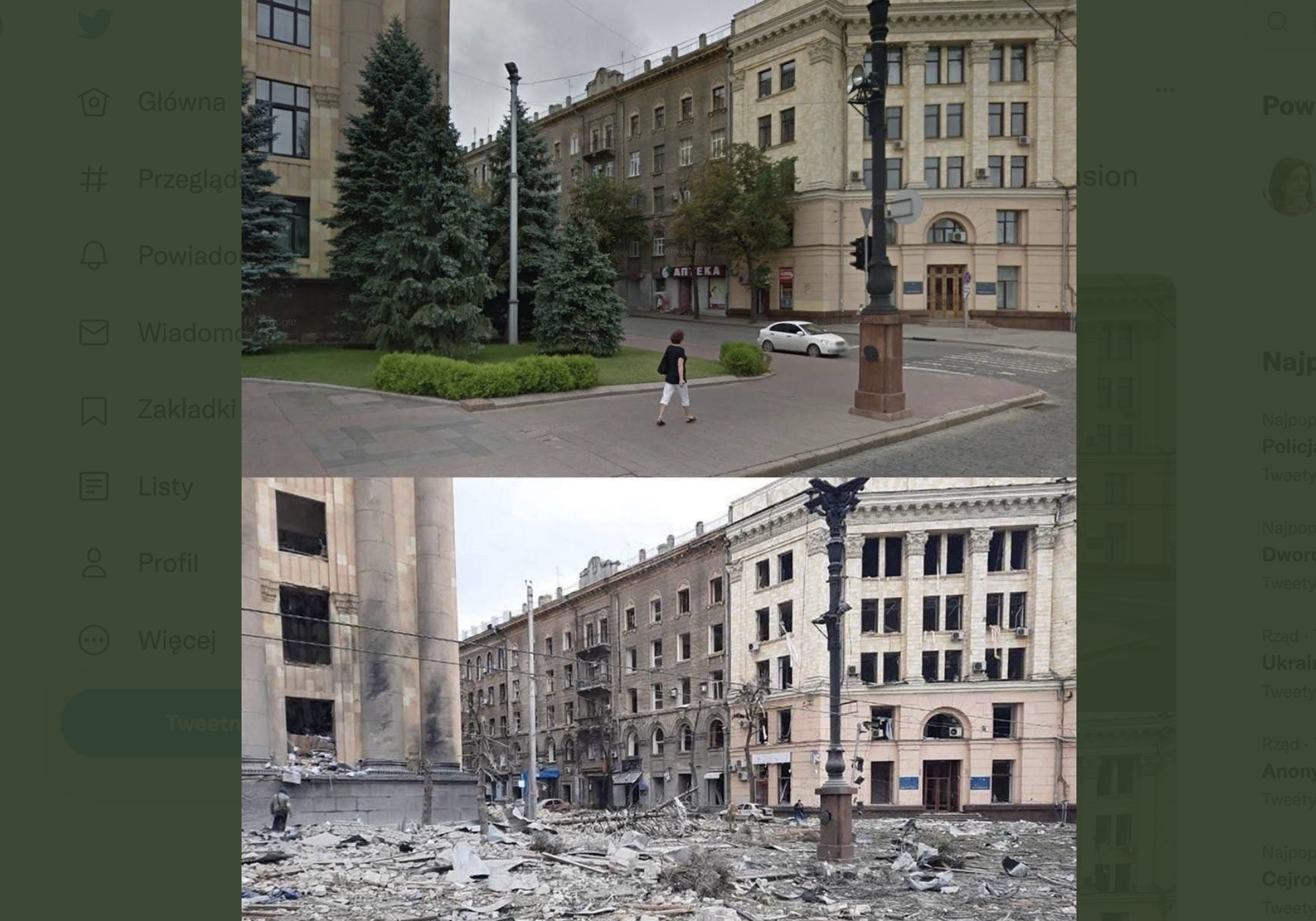 Na zdjęciu: budynki w Charkowie przed i po rosyjskim bombardowaniu. Źródło: twitter Ambasador Ukrainy w Estonii