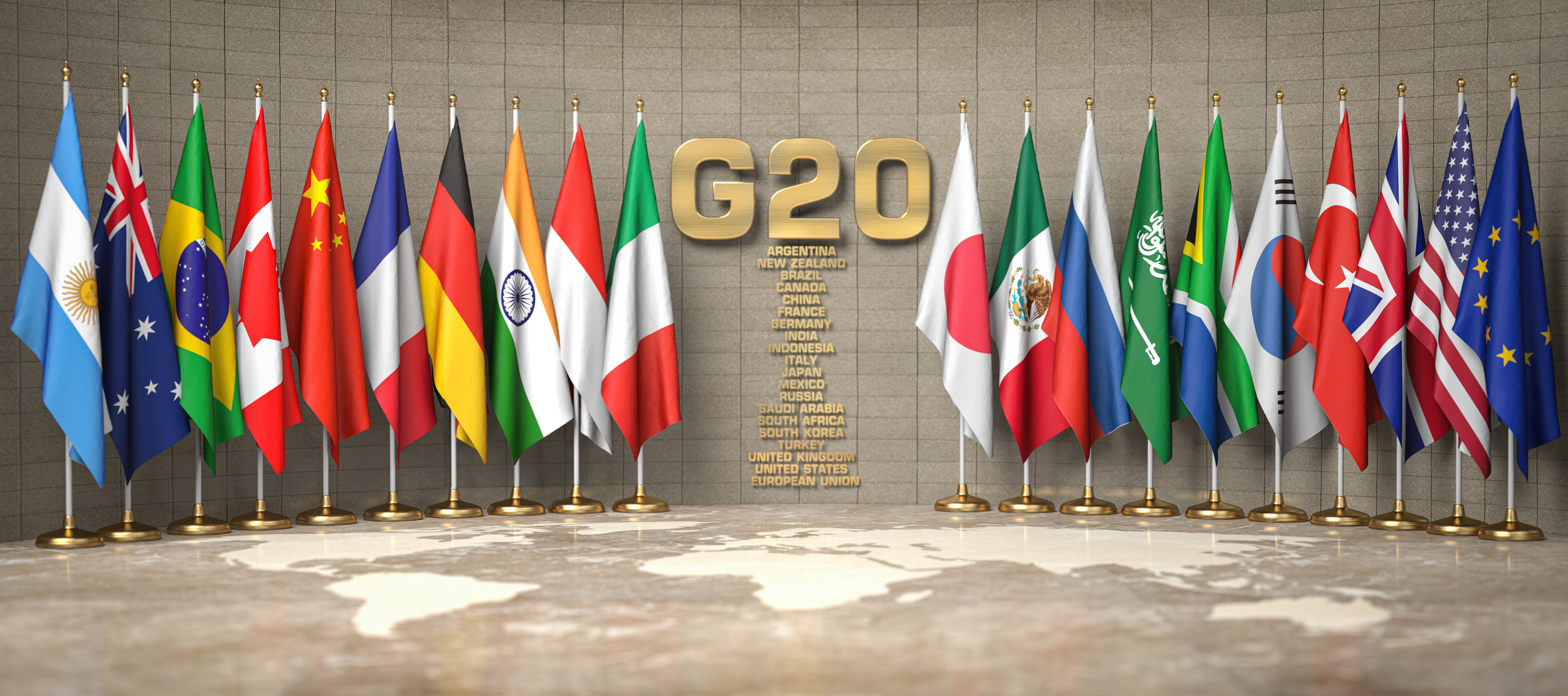 Rząd z flag członków grupy G20. Fot. Shutterstock