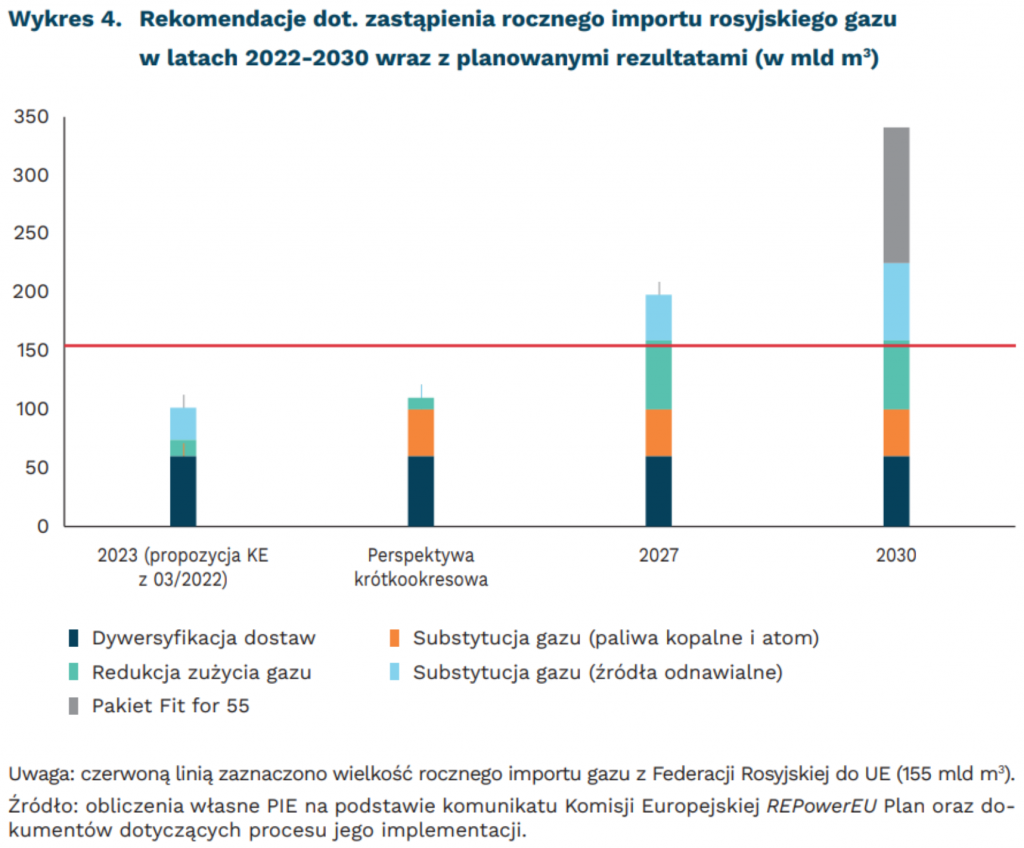 Rekomendacje dot. zastąpienia rocznego importu rosyjskiego gazu w latach 2022-2030 wraz z planowanymi rezultatami (w mld m3), mat. PIE