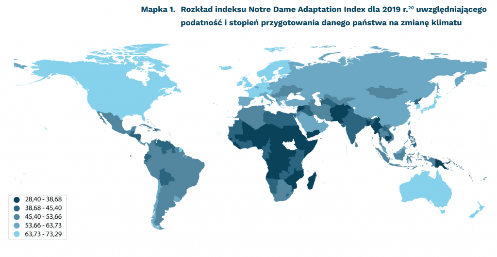 Rozkład indeksu Notre Dame Adaptation Index dla 2019 r.20 uwzględniającego podatność i stopień przygotowania danego państwa na zmianę klimatu, mat. PIE