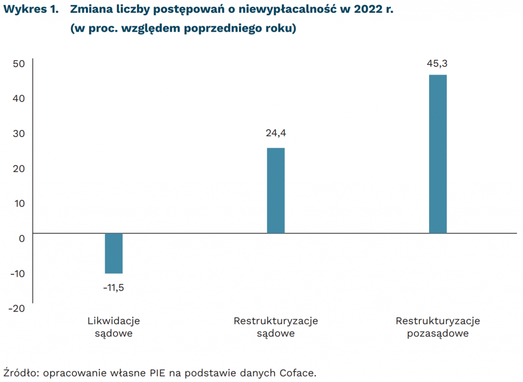 Zmiana liczby postępowań o niewypłacalność w 2022 r. (w proc. względem poprzedniego roku), mat. PIE