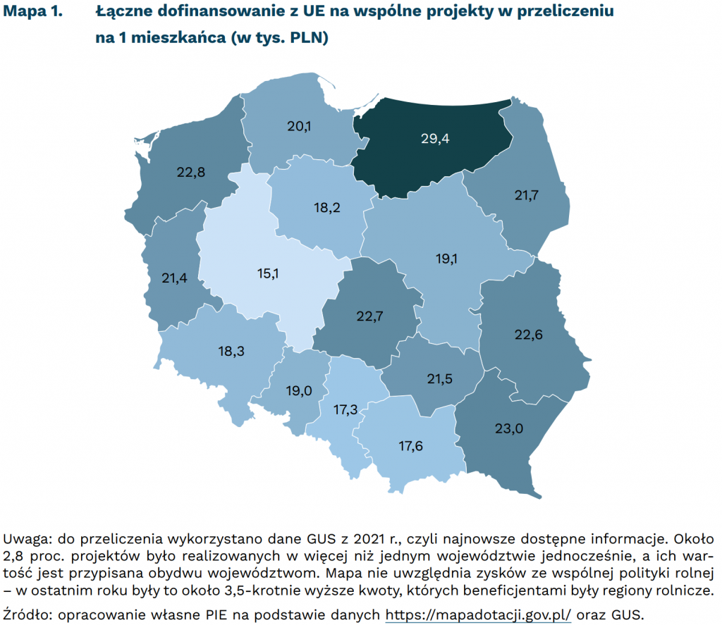 Łączne dofinansowanie z UE na wspólne projekty w przeliczeniu na 1 mieszkańca (w tys. PLN), mat. PIE