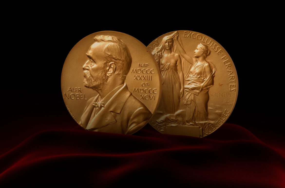 Nobel,Prize,Medal,Standing,On,A,Platform.,Red,And,Black