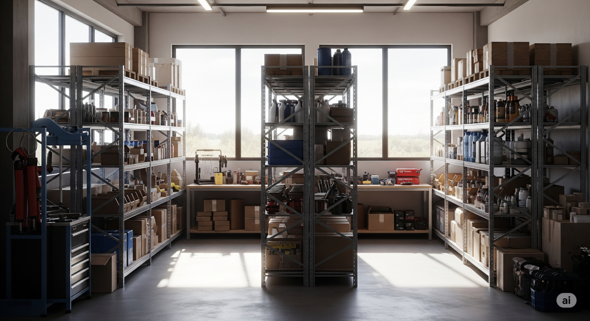 Czysty, dobrze oświetlony mniejszy magazyn z dwoma rzędami regałów, na których poukładane są pudełka i pojemniki. Jasne światło dzienne wpada przez duże okna w tle, tworząc przestronną atmosferę.